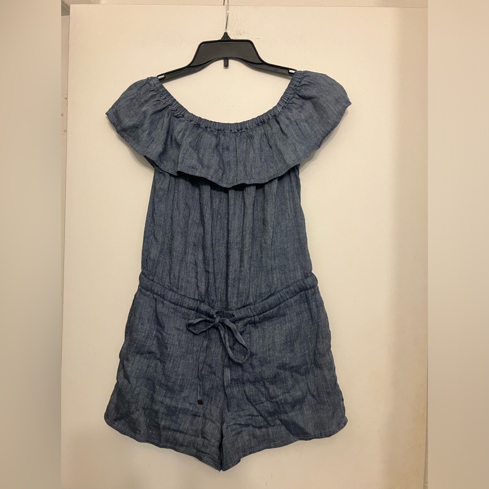 Ann Taylor soft Linen blend ruffle top off the shoulder romper small petite